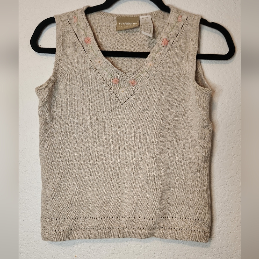 Liz Claiborne Floral Embroidered V-Neck Tan Sweater Vest, Size P